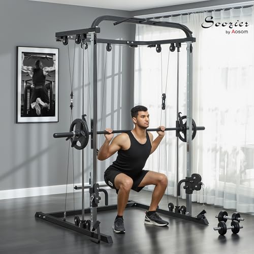 Soozier 3 in 1 Smith Machine, Multi-Functional Power Cage with Cable Crossover System, Pull up Station, 16-Level Squat Rack and Barbell Bar, Home Gym Machine