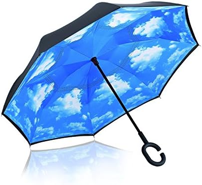 Reverse Folding Umbrella-Windproof &amp; UV Protection - Inverted Umbrella with Free Carrying Bag , Sky Blue