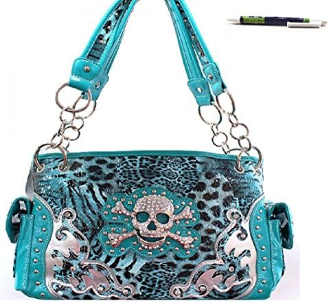 Concealed Weapon Carry Handgun Western Gothic Biker Pirate Skull Cross Bones Purse + Pen (BLUE CHEETAH)