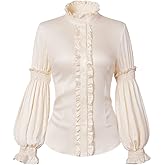 Womens Vintage Victorian Shirts Renaissance Medieval Long Sleeve Stand Collar Blouse Lotus Ruffled Tops