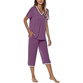 JINSHI Women's Pajamas Set Short Sleeve Top and Capri Pants Lightweight Sleepwear Comfy Pjs Lounge Set with Pockets