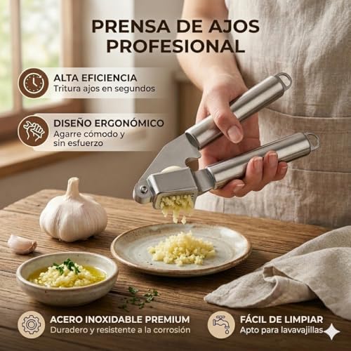 Professional Garlic Press + Vegetable Peeler – Garlic Chopper + Potato Peeler – Effortlessly Crushes in Seconds – Stainless Steel – Easy Cleaning, Dishwasher – Quick Cooking Kit Recipe QR