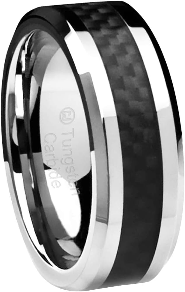 8MM Men's Tungsten Carbide Ring Wedding Band with Black Carbon Fiber Inlay