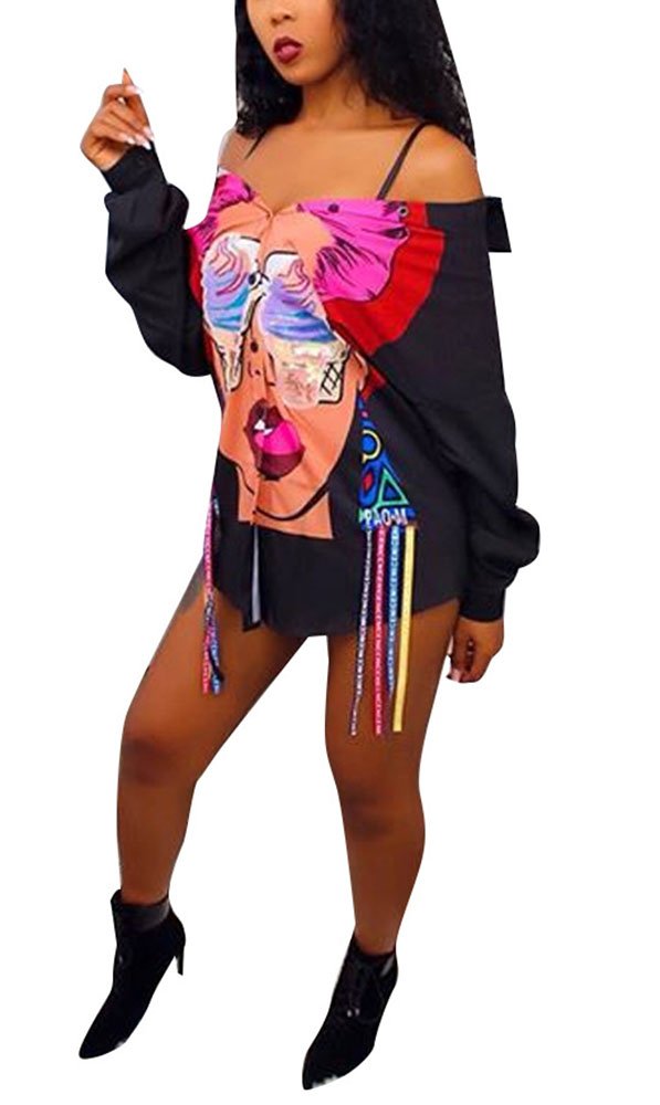 Dreamparis Womens Sexy Button Down Blouse Long Sleeve Print Tassel Shirt Dress Tunic Tops Black M