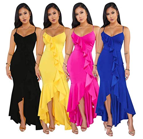 Uni Clau Women Ruffle Dress - Elegant Sleeveless Long Cocktail Bodycon Dress Rose Red