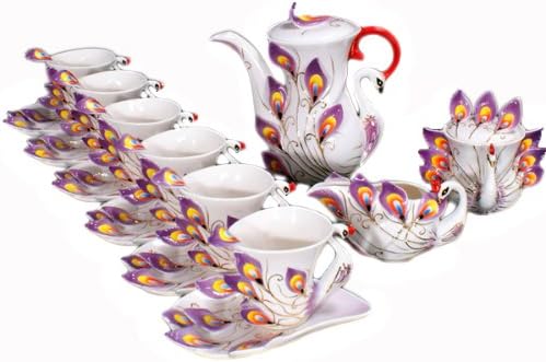 Choholete Porcelain Gorgeous Peacock Coffee Mug Set Tea Set Pot 21-Piece Purple