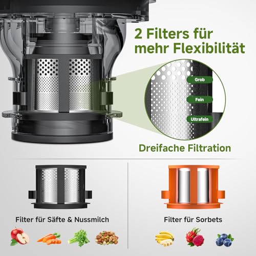 AMZCHEF Slow Juicer, 160 mm Filling Opening for Whole Fruits and Vegetables | 2.5 L cold press juicer for fresh juices, sorbet and nut milk, high juice yield, quiet, easy to clean, matte black