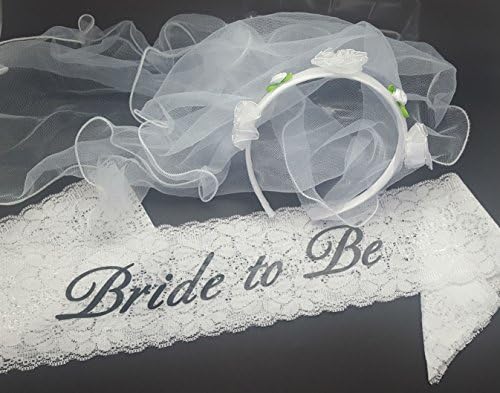 Bachelorette Party Supplies | White Flower Bridal Veil and White Lace Bride to Be Sash