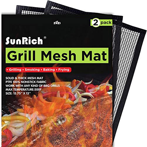 Sunrich BBQ Grill Mesh Mat Barbecue Cooking Mat Non-Stick Set(2) for Outdoor Grilling Teflon Grill Mesh Sheet Liner Heavy Duty Easy to Clean for Smoker,Gas,Charcoal,Electric Grill,Oven