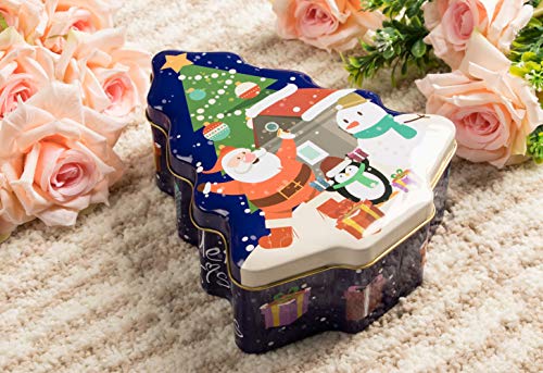 Juvale Christmas Tin Gift Box - 2-Set Tree-Shaped Cookie Candy Storage Containers with Lids for Confectioneries, Holiday Decor, Blue with Gold Lining, 6 x 7.25 x 2.6 Inches