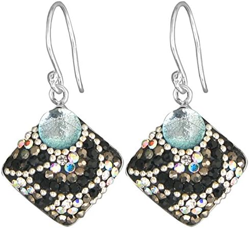 Mosaico Sterling Silver Dichroic Glass and Preciosa Czech Crystals Square Dangle Earrings … (Clear, Silver and Black)