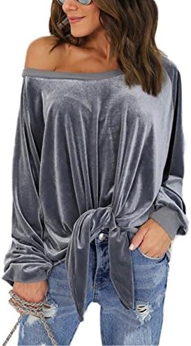OQC Women's Solid Velvet Shirt Off Shoulder Front Tie Bandage Long Sleeve Knotted Tops Blouse