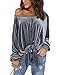 OQC Women's Solid Velvet Shirt Off Shoulder Front Tie Bandage Long Sleeve Knotted Tops Blouse Grey