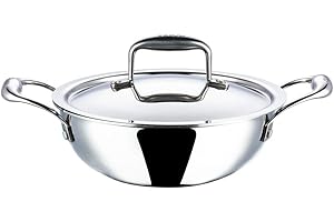 Vinod Platinum Triply Stainless Steel Kadai | Suitable For Indian Cooking, Sauces, Stews, Soups | Extra Deep Kadai With Lid |