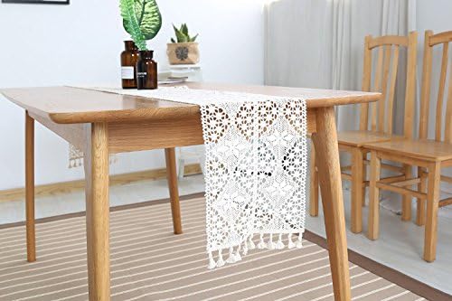 Modern Elegant Cotton Table Runner with Tassels, Off-white Macrame Lace Crochet Placemat for Themed Party Birthday Bridal Wedding Home Kitchen Dining Room Decor(HZQ-06-US) (9.5" 71" inch)