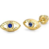 14k REAL Yellow Gold Evil Eye Stud Earrings with Screw Back