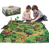 Sciencow Dinosaur Toys Figure w/ Activity Play Mat, Educational Realistic Dinosaur Playset Adventure Mat with Trees for Creat A Dino World Include T-Rex Triceratops, for Kids, Boys & Girl