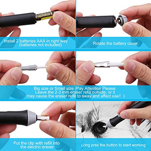 Electric Eraser Kit - XREXS 2 Size Refills Battery Operated Eraser with 22 Eraser Refills (10 Thick and 12 Thin), Auto Pencil Eraser for Students, Artists 2 AAA Batteries not included (black)