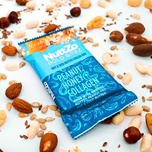 NuttZo Bold BiteZ - Peanut, Honey + Collagen Seven Nut & Seed Butter Protein Snack Bars, 1.41 Ounce (Box of 12)