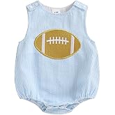 Fuethsuy Newborn Baby Boy Girl Fall Clothes Football Embroidery Romper Striped Sleeveless Smocked Bodysuit Overalls Outfit