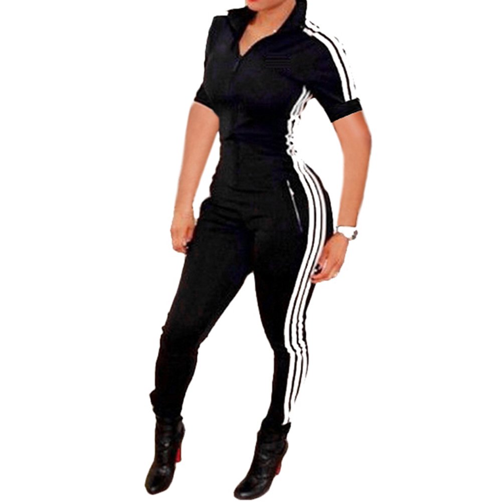 Bodycon4U Women's Sexy Zipper Short Sleeve Sport Fitness Workout Bodycon Jumpsuit Romper Unitard