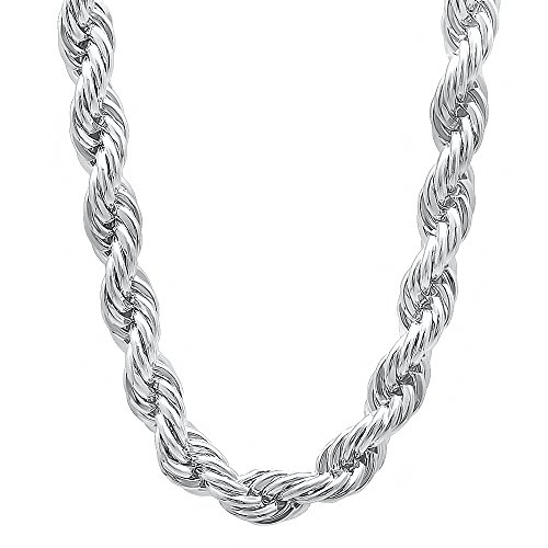 8mm Rhodium Plated Rope Chain Necklace, 36
