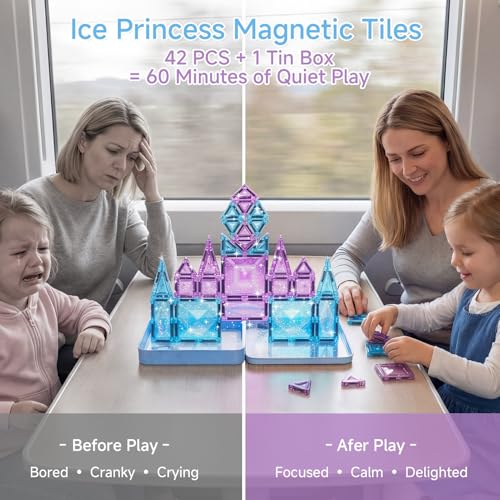 burgkidz Magnetic Building Blocks Travel Toy for Girls, 42 Pieces Ice Princess Magnetic Tiles in Metal Box - 60 Minutes Quiet 30s Tidy Up - Car Train Plane Gift 3 4 5 6 7 8 Years