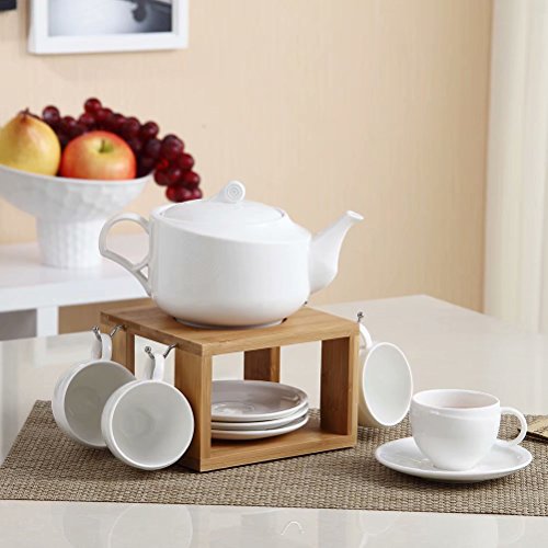 Tea Service Set, [3.4 OZ SMALL Cup], 77L Ceramic Tea Pot (22 OZ, 2.7 Cup), 4-Piece Tea Cups (3.4 OZ) and Saucers with Bamboo Display Stand - Modern Teapot, Tea Cups and Saucers Set for Home and Office