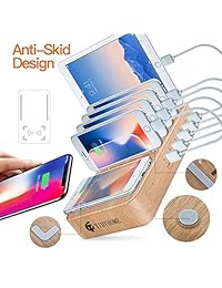 Estación de carga inalámbrica para múltiples dispositivos   5 puertos de carga inteligentes y 1 almohadilla de carga inalámbrica Qi   Compatible con iPhone iPad y teléfono celular y tableta Android (6 cables incluidos)
