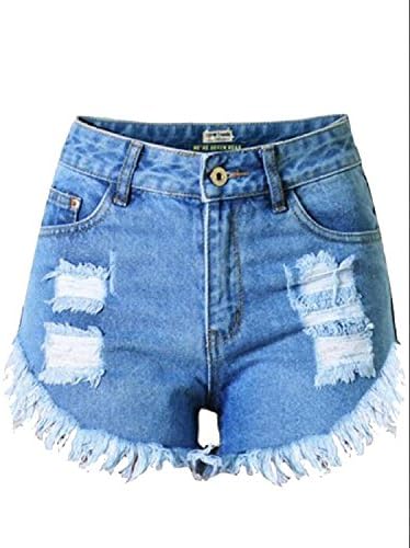 Metee Dresses Women's Blue High Waist Ripped Hole Washed Denim Shorts Large