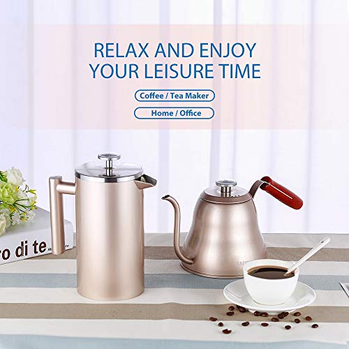 SULIVES Large Stainless Steel French Press Coffee Maker Double Wall Vacuum Insulated Stainless Steel- 34oz/ 1000ml (Champagne Gold)