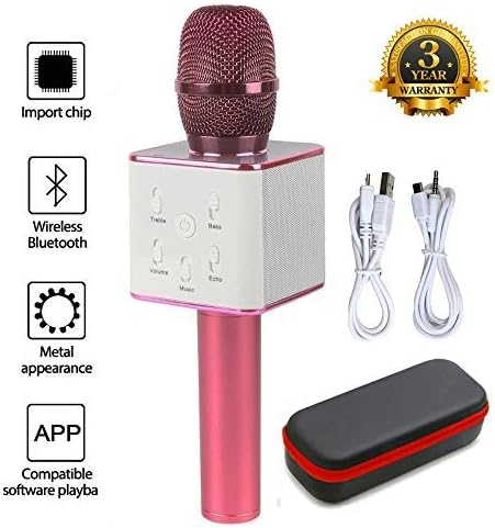 Mic 3-in-1 Bluetooth Magic Karaoke Machine Wireless Microphones Handheld Speaker For Apple iPhone Android Smartphone PC Music Playing Singing Home KTV (Q7 Pink)