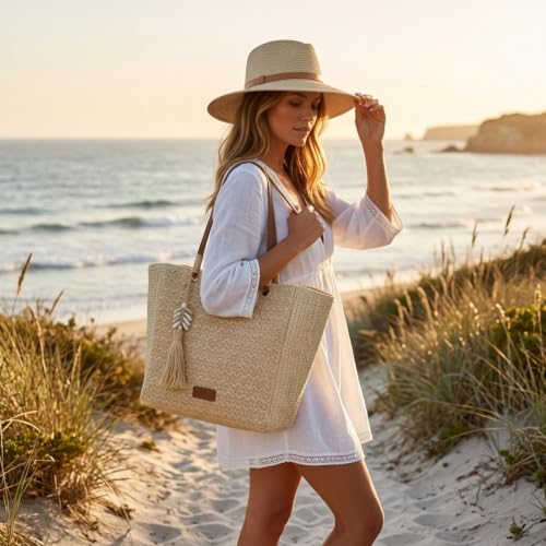 Women's Large Raffia Bag – Maxi Shopper Ivory with Long Shoulder Handles, Zip Closure and Boho Ornament, Beach and Summer Bag (Beige)