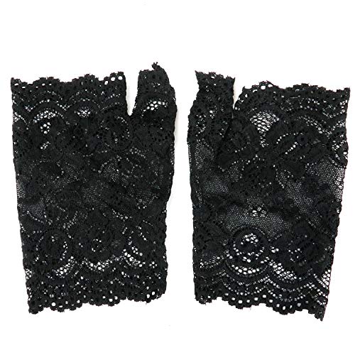 Buorsa Black Short Lace Half Finger Gloves UV Protection Fingerless Gloves Women's Floral Lace Gloves Party Driving Wedding - Thumbnail 2