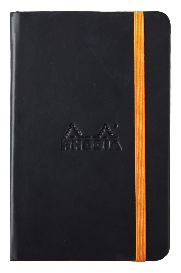 RHODIA 118642C - Black Rigid Notebook - A6 - Lined - 192 pages - Ivory Clairefontaine Paper 90 g/m - Bookmark, Elastic Closure - Faux Leather Cover - Rhodiarama Collection
