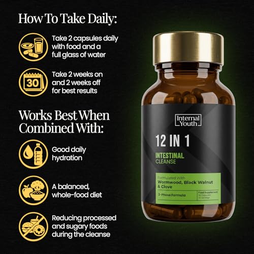 12 in 1 Intestinal Cleanse - 1500mg Wormwood, Black Walnut and Clove + 9 Key Ingredients for Digestive & Liver Support - High Strength Natural Gut Cleanse Detox for Men & Women -30 Day Supply