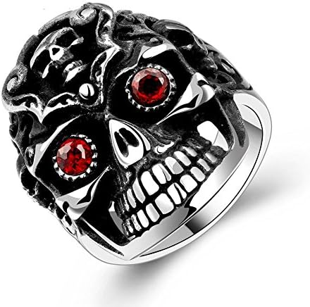 Glenne Men's Jewelry Vintage Stainless Steel Red Eyes Skull Gothic Punk Style Ring, Size 8, 9, 10, 11