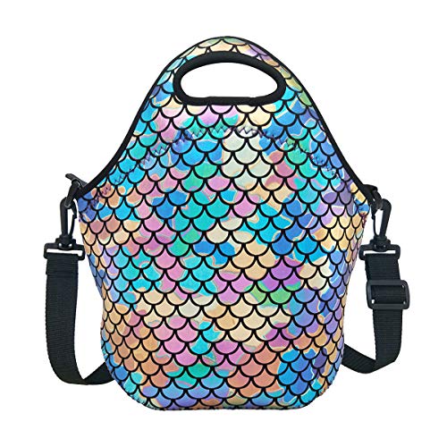 Insulated Lunch Bag, Neoprene Shoulder Lunch Tote Boxes Bags for Women Men Kids Work Office Outdoor Picnic Travel, Mermaid Scale (Colorful) - Thumbnail 6