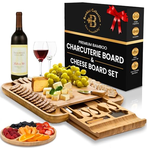 Charcuterie Boards Gift Set, Bamboo Cheese Board with Serving Accessories