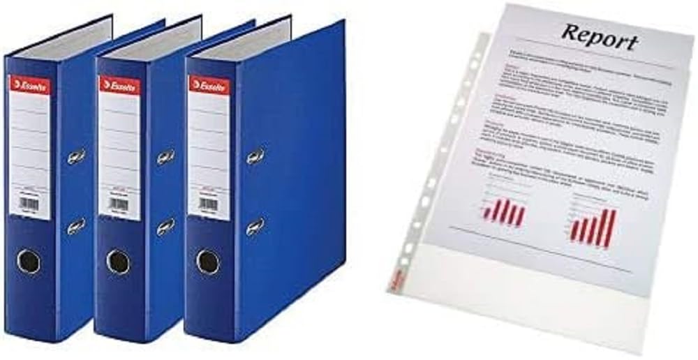 Esselte A4 Lever Arch Files, Blue, 3 File Folders with Punched Pockets