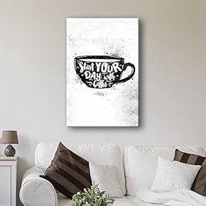 Canvas Wall Art - Vintage Style Cofee Art Start Your Day with Coffee - Giclee Print Gallery Wrap Modern Home Art Ready to Hang - 12x18 inches