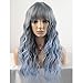 BERON 23 Inches Women Girls Lovely Synthetic Mix Color Long Curly Wigs Pin Curls with Neat Bangs Hairnet Included (Dark Grey Mix Light Blue)