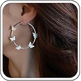 Aneneiceera Vintage Butterfly Hoop Earrings Exaggerate Hollow Hoop Dangle Earring Silver Butterfly Circle Earring Big Round Loop Earrings Jewelry for Women