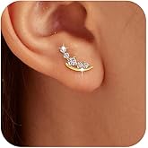 IPEPPY 14K Gold Plated Ear Moon Heart Crawler Earrings Dainty 925 Sterling Silver Small Cartilage CZ Stud Earring for Women Hypoallergenic Climber Earrings Jewelry Birthday Christmas Gifts for Her