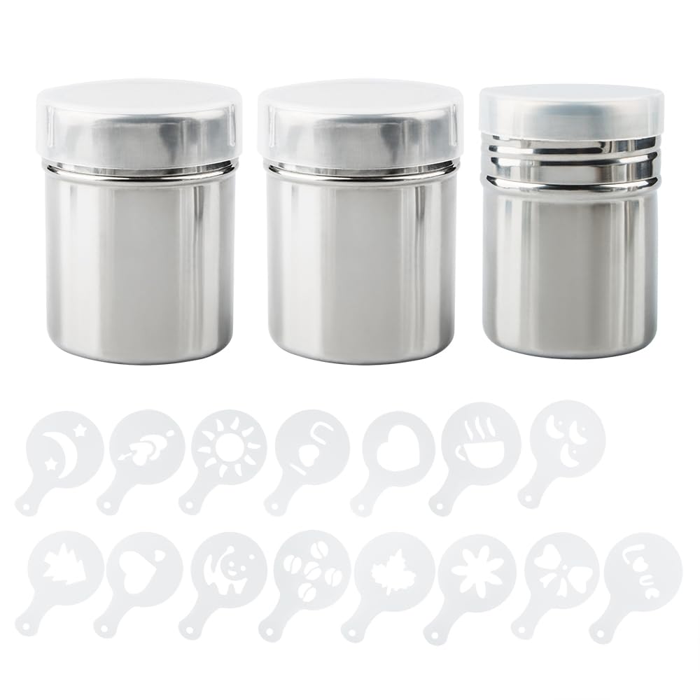 AIFUDA 3 Pack Stainless Steel Powder Shaker with 16 pcs Printing Molds Stencils, Powder Cans with Mesh for Coffee Cappuccino Latte, Dredge Shaker with Hole for Kitchen, Restaurants