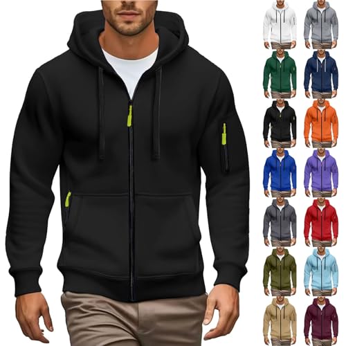 Mens Hoodies Zip Up, Plain Hooded Sweatshirts Lightweight Fleece Jackets Full Zip Tactical Work Jumpers Long Sleeve Hoody Gym Running Sports Travel Hoodie with Secret Pockets Casual Wear