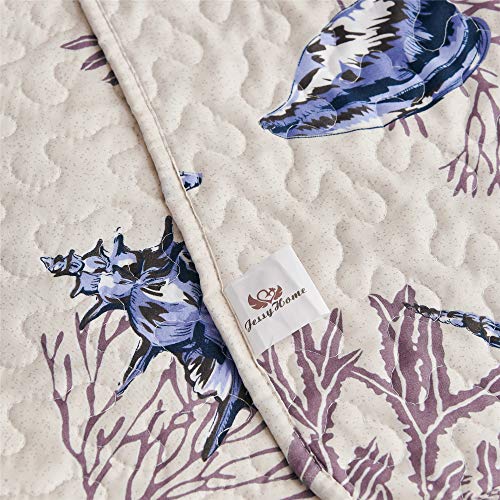 3-Piece Coastal Antique Quilt Set Twin Size,Tropical Seashells Sea Fan Starfish Coral in Offwhite Background, Nautical Quilted Bedspread Coverlet Bedding Set Bedroom Decor for All Seasons (Blue,Twin)