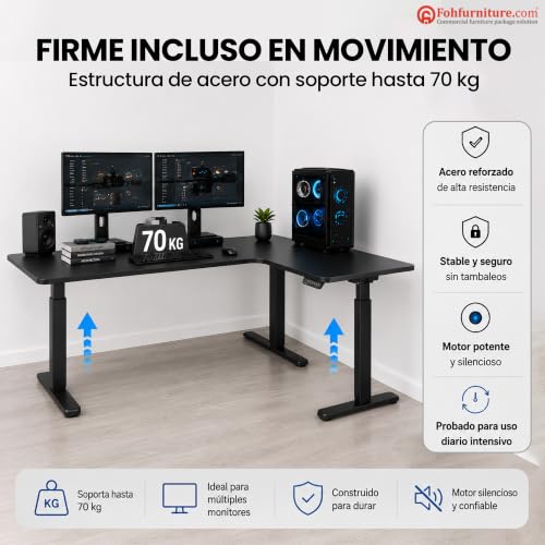 FOH Furniture Escritorio Eléctrico en L Ajustable en Altura 160x140 cm, Esquinero Sit Stand, Estación de Trabajo Ergonómica, Estructura de Acero, para Oficina en Casa, Negro