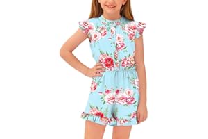 BesserBay Girl's Summer Ruffled Flutter-Sleeve Jumpsuit Button Down Crewneck Romper 5-14 Years