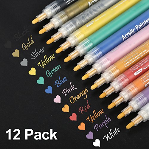 Acrylic Paint Markers Pen, Art Permanent Markers Fine Tip Medium Point for DIY Painting on Rock, Porcelain, Ceramic, Canvas, Mug, Wood, Glass, Fabric, Metal, Stone, Walls -12 Color